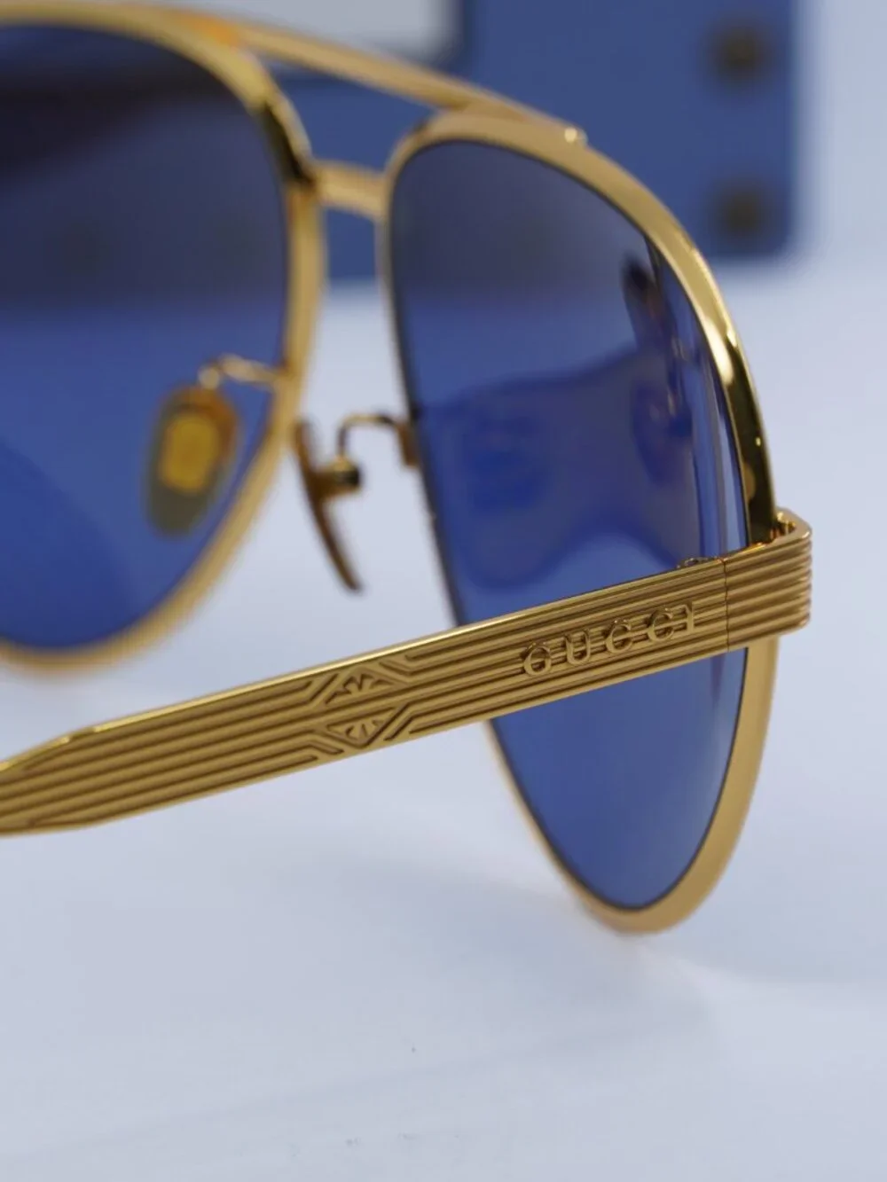 Gucci GG1513S 005 Aviator Sunglasses - Gold\Blue with Gold Logo Mirror